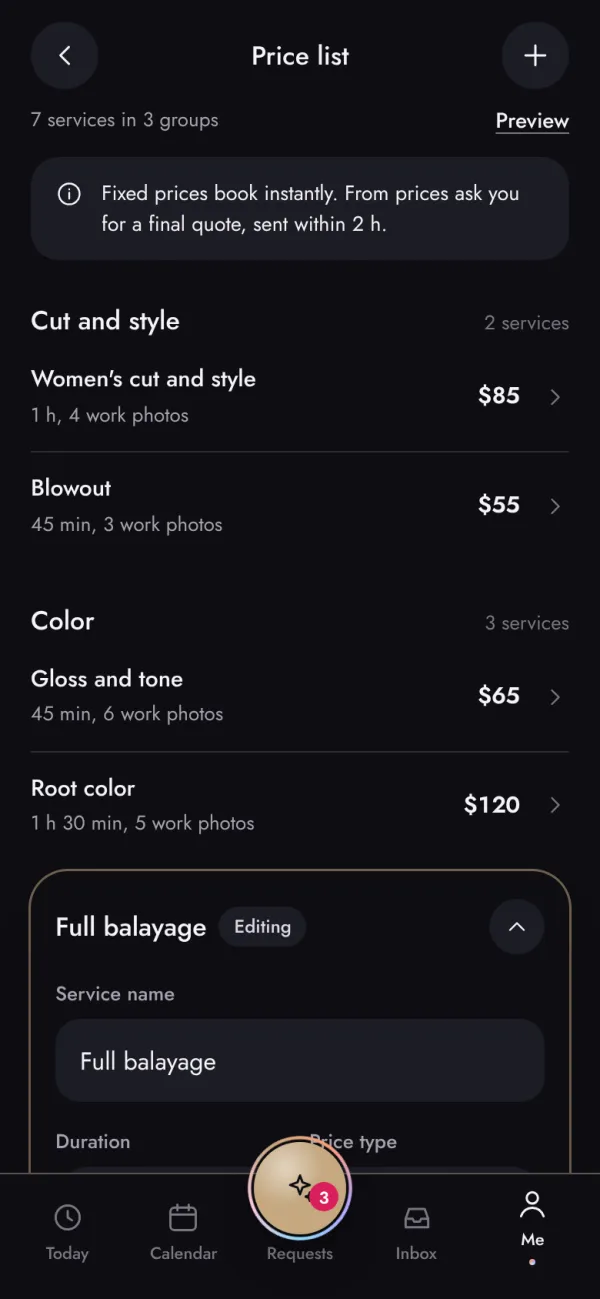 Provider price list editor